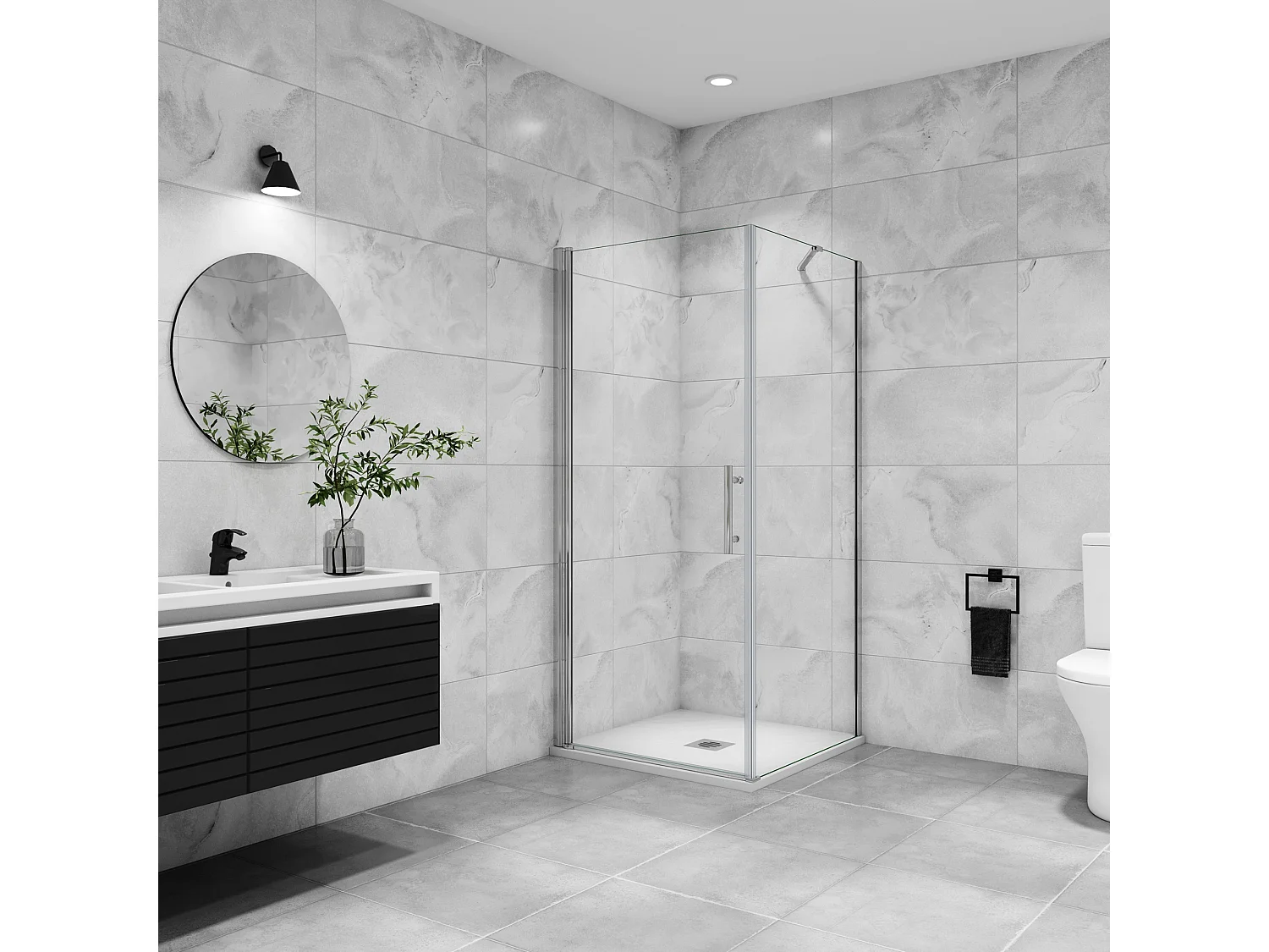 B:80xD:90x197cm Douchecabine met draaideur+zijwand,6mm EasyClean veiligheidsglas,45 cm Stabilisatiestang (draaibaar),profiel van glanzend chroom