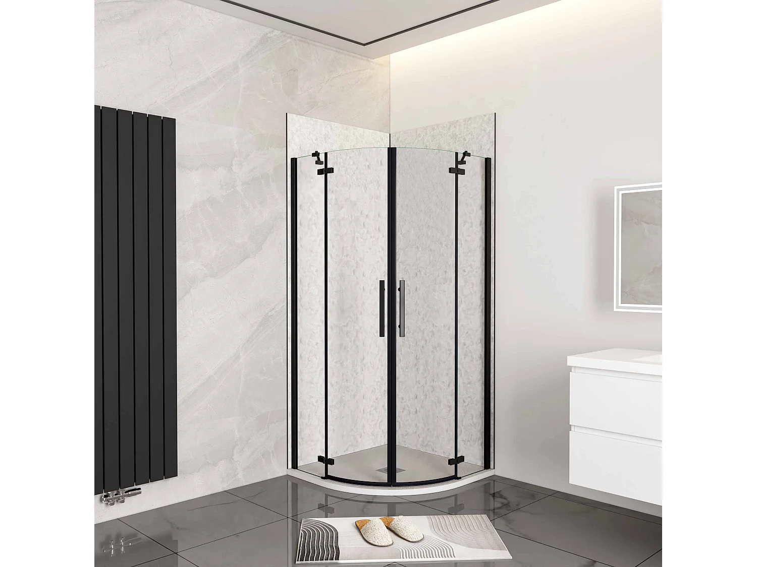 90x90x195cm Kwartronde douchecabine,dubbele draaideur,hoek-instap douchecabine,6mm helder veiligheidsglas,antikalk,mat zwarte frame