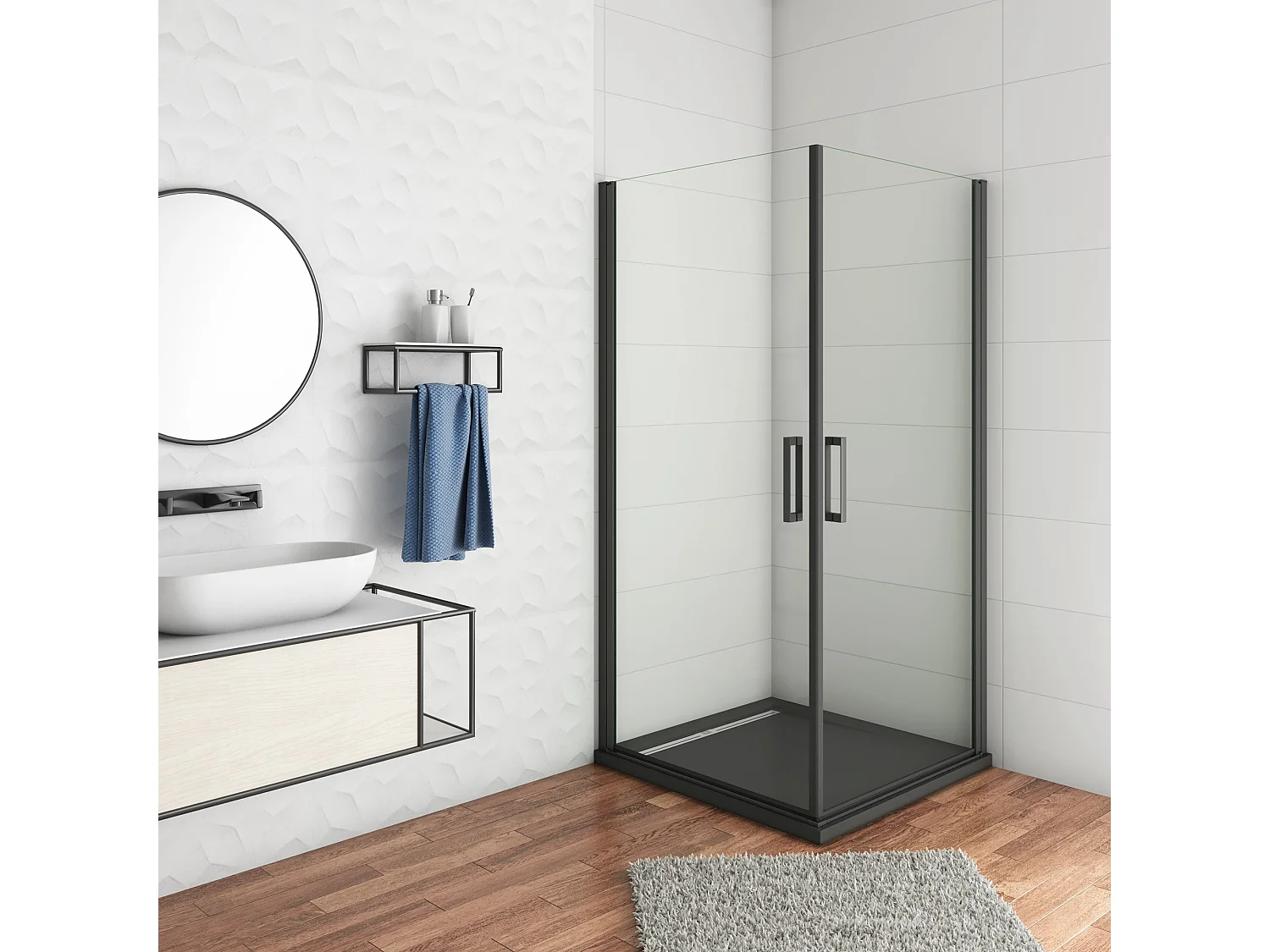 80x100x200cm Douchecabine met dubbele draaideur,8mm NANO helder veiligheidsglas,mat zwarte aluminium frame