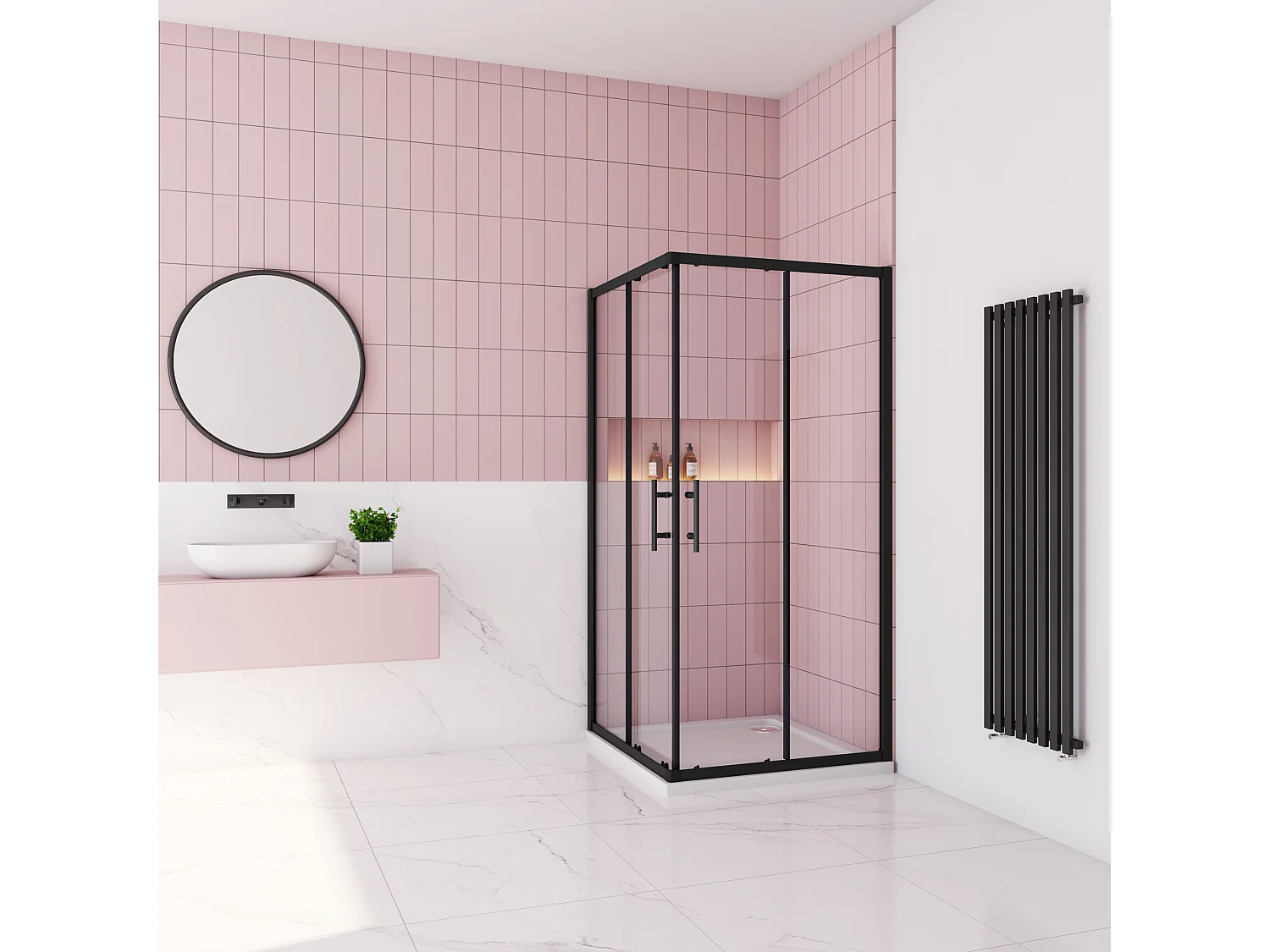 90x90x195cm Douchecabine met dubbele schuifdeur,6mm NANO EasyClean veiligheidsglas,Mat Zwart Profiel