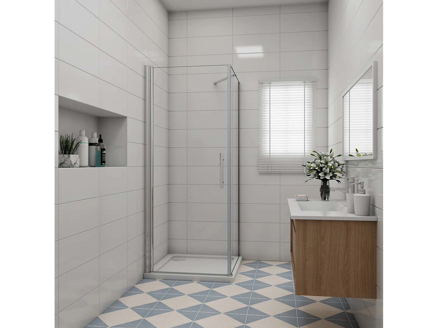 B:90xD:80x197cm Douchecabine met draaideur+zijwand,6mm EasyClean veiligheidsglas,50 cm Stabilisatiestang (draaibaar),profiel van glanzend chroom