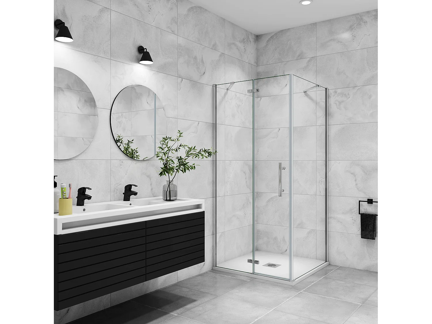 B:80xD:90xH:195 cm Douchecabine,draaideur + zijpanelen,6mm helder EasyClean veiligheidsglas,50cm Stabilisatorstang,glanzend chroom profiel.