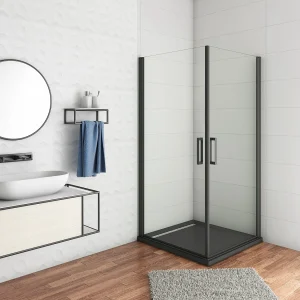 90x90x200cm Douchecabine met dubbele draaideur,8mm NANO helder veiligheidsglas,mat zwarte aluminium frame
