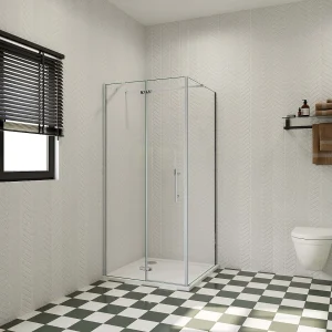 B:90xD:80xH:195 cm Douchecabine,draaideur + zijpanelen,6mm helder EasyClean veiligheidsglas,73-120cm Stabilisatorstang,glanzend chroom profiel.