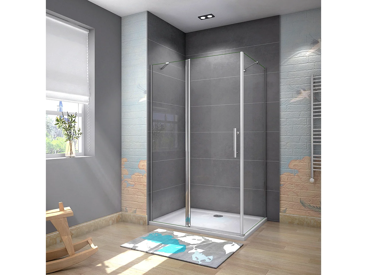 90x100x195cm Douchecabine draaideur+zijwand,6 mm NANO EasyClean veiligheidsglas,45cm Stabilisatiestang (draaibaar),profiel van glanzend chroom.