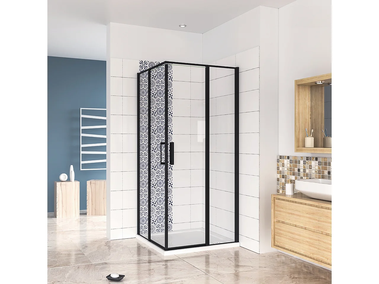 90x100x200cm Douchecabine met dubbele draaideur,6mm NANO helder veiligheidsglas,mat zwarte aluminium frame