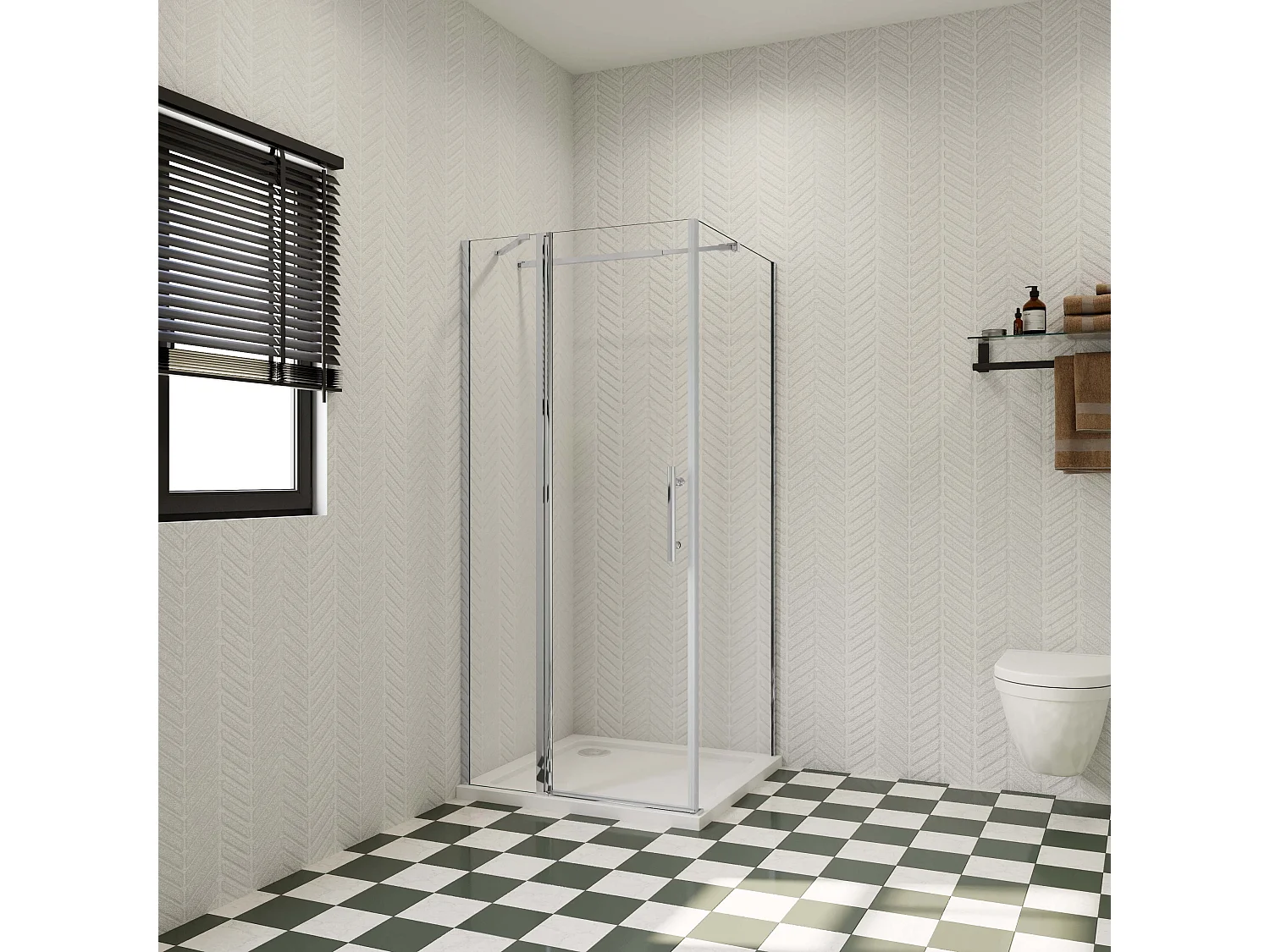 100x90x195cm Douchecabine draaideur+zijwand,6 mm NANO EasyClean veiligheidsglas,73-120 cm Stabilisatiestang (inkortbaar),profiel van glanzend chroom.