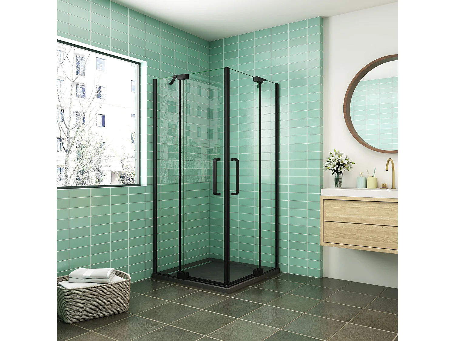 100x100x195cm Douchecabine Hoekinstap Draaideur Antikalk Helder Glas 8mm Veiligheidsglas Mat Zwart Profiel
