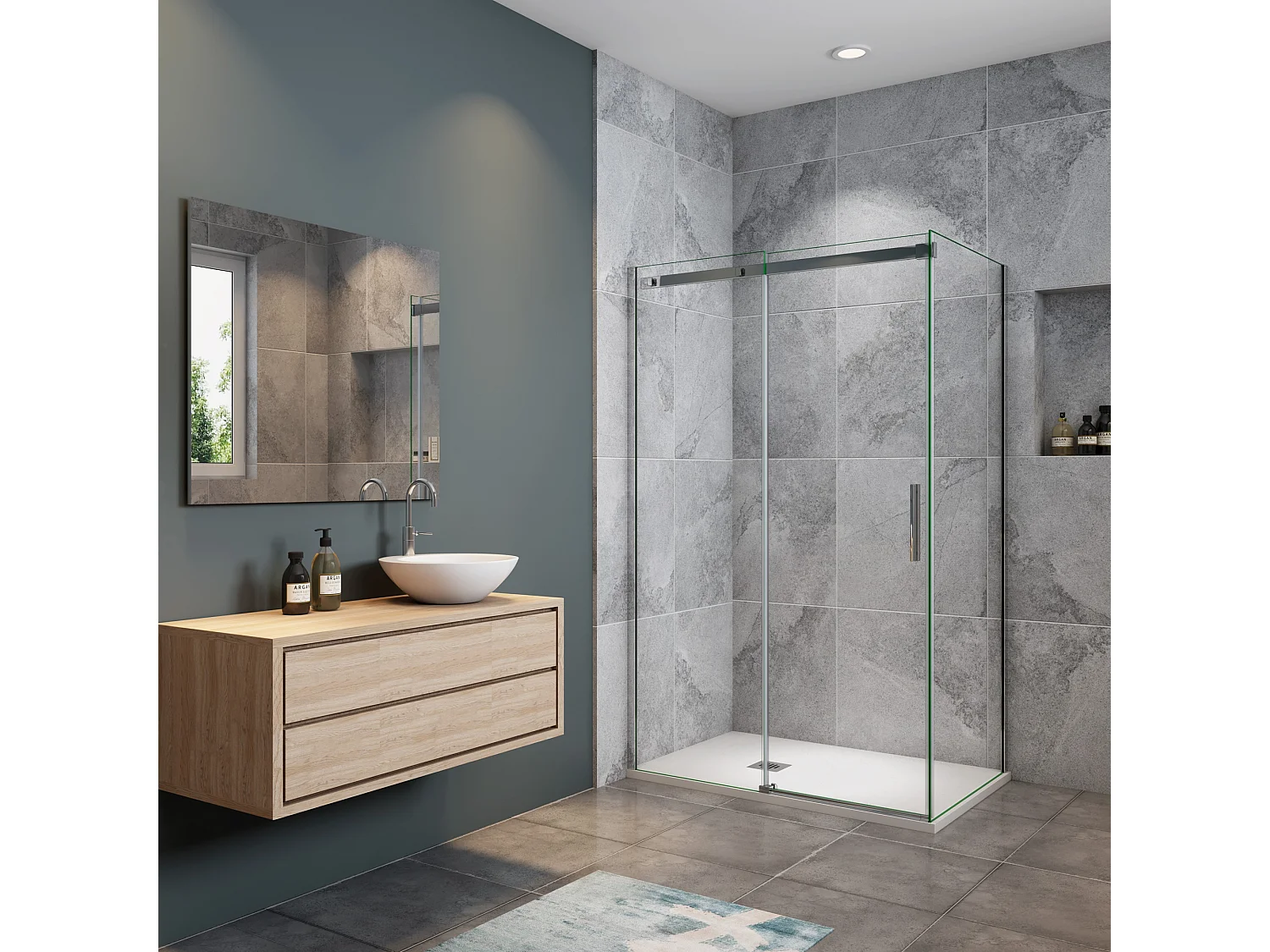 150x195cm Schuifbare douchecabine met zijwand 90cm,6mm helder glas,profiel van glanzend chroom.