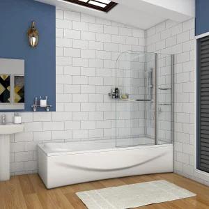 Badscherm badwand draaibaar 120x140cm,6mm helder ESG-veiligheidsglas,inclusief handdoekenrek en hoekplanken – glanzend chroom