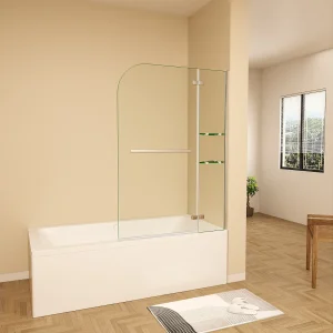 Badscherm badwand draaibaar 90x140cm,6 mm helder ESG-veiligheidsglas,inclusief handdoekenrek en hoekplanken – glanzend chroom