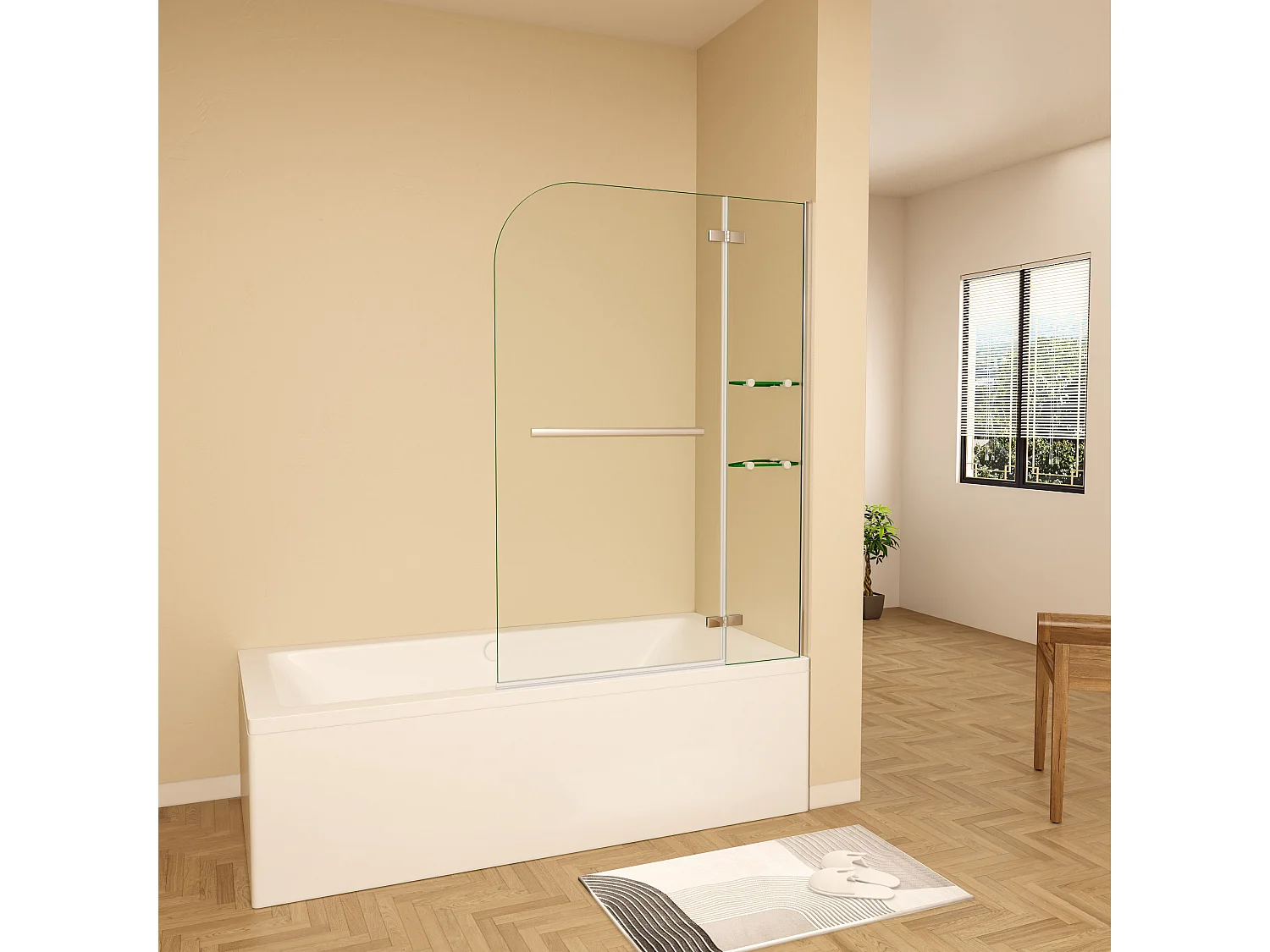 Badscherm badwand draaibaar 90x140cm,6 mm helder ESG-veiligheidsglas,inclusief handdoekenrek en hoekplanken - glanzend chroom