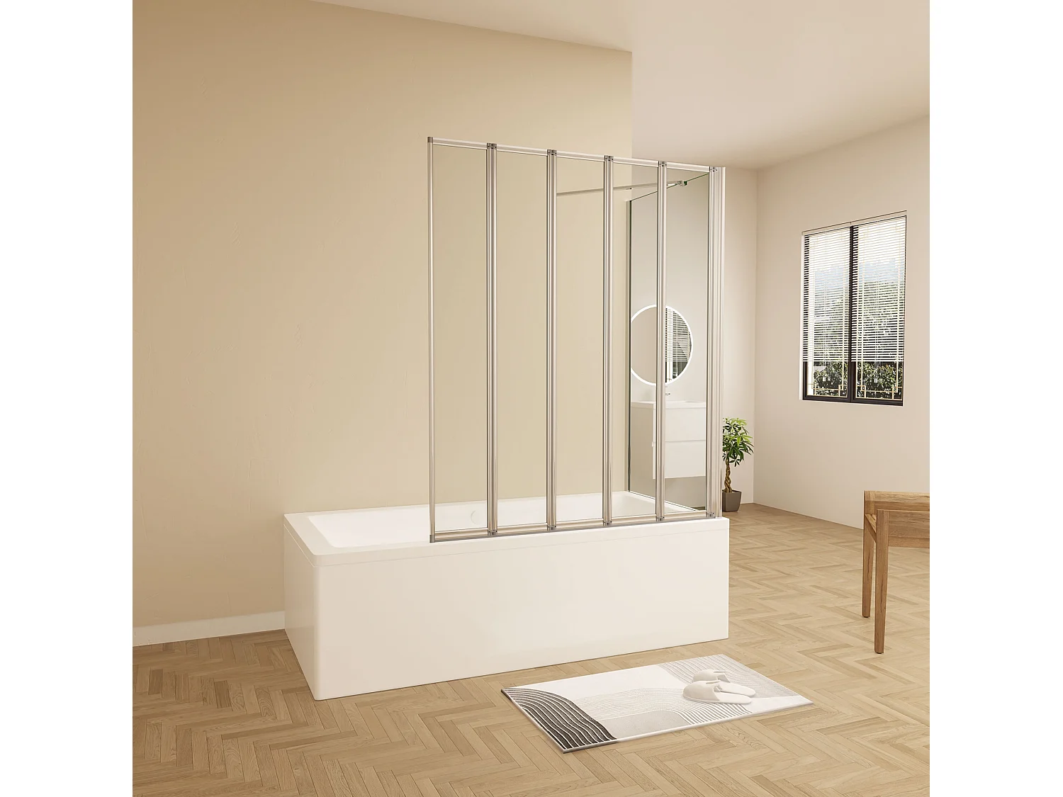120x75x140cm Badwand 5 panelen vouwbaar met vast zijwand,4mm helder ESG-veiligheidsglas,profiel van glanzend chroom