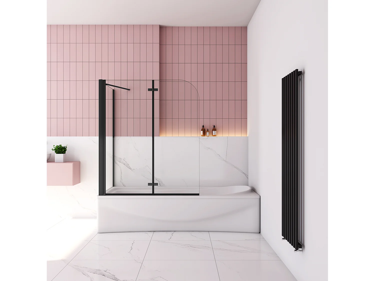 Badwand met 2 delig inklapbaar deur 100x140 cm en een zijwand 75cm ,6 mm helder EasyClean veiligheidsglas,mat zwarte profiel