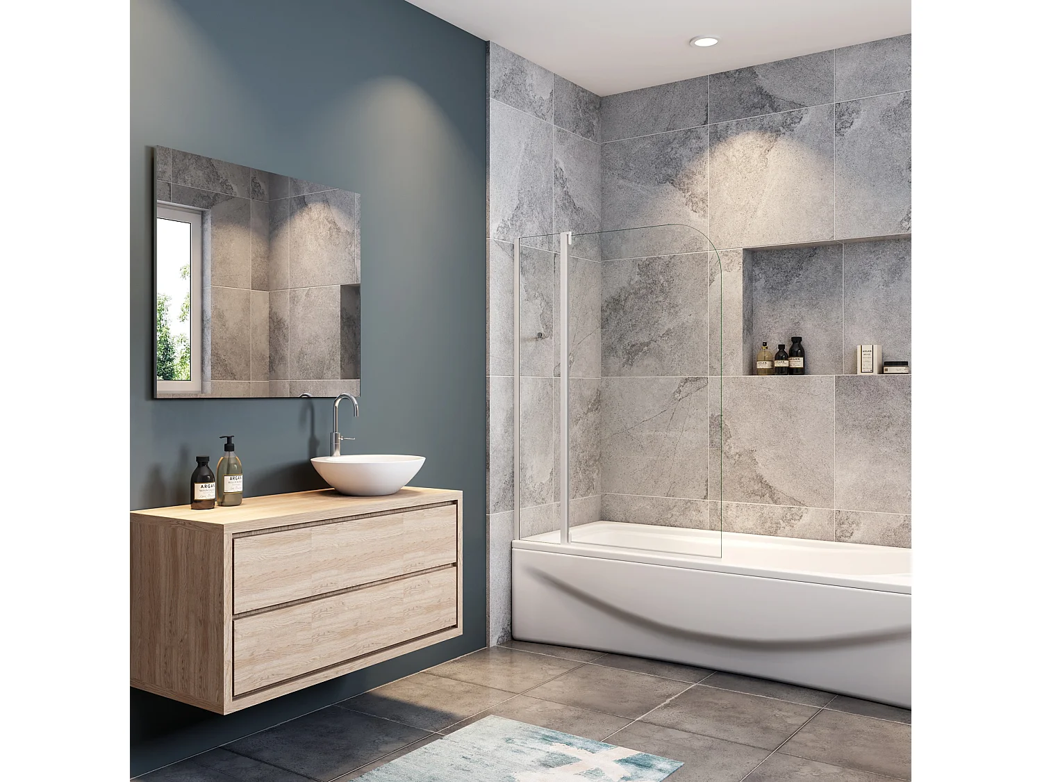 100x140cm Badscherm badwand draaibaar,4mm helder veiligheidsglas – mat wit profiel