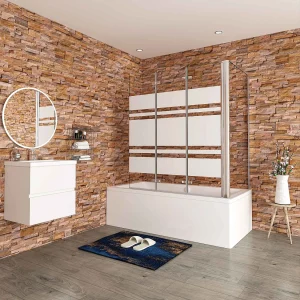 140x75x140cm Badwand 3 panelen vouwbaar met vast zijwand,6 mm nano helder veiligheidsglas met horizontale strepen – glanzend chroom