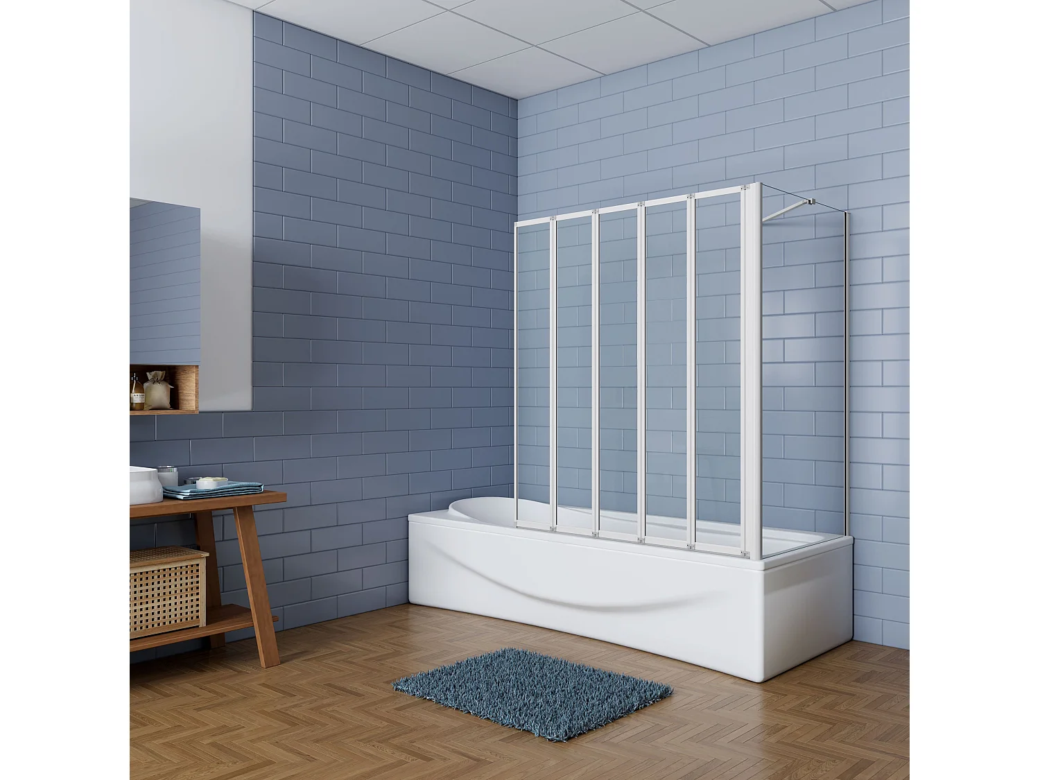 120x70x140cm Badwand 5 panelen vouwbaar met vast zijwand,4mm helder ESG-veiligheidsglas,profiel van mat grijs