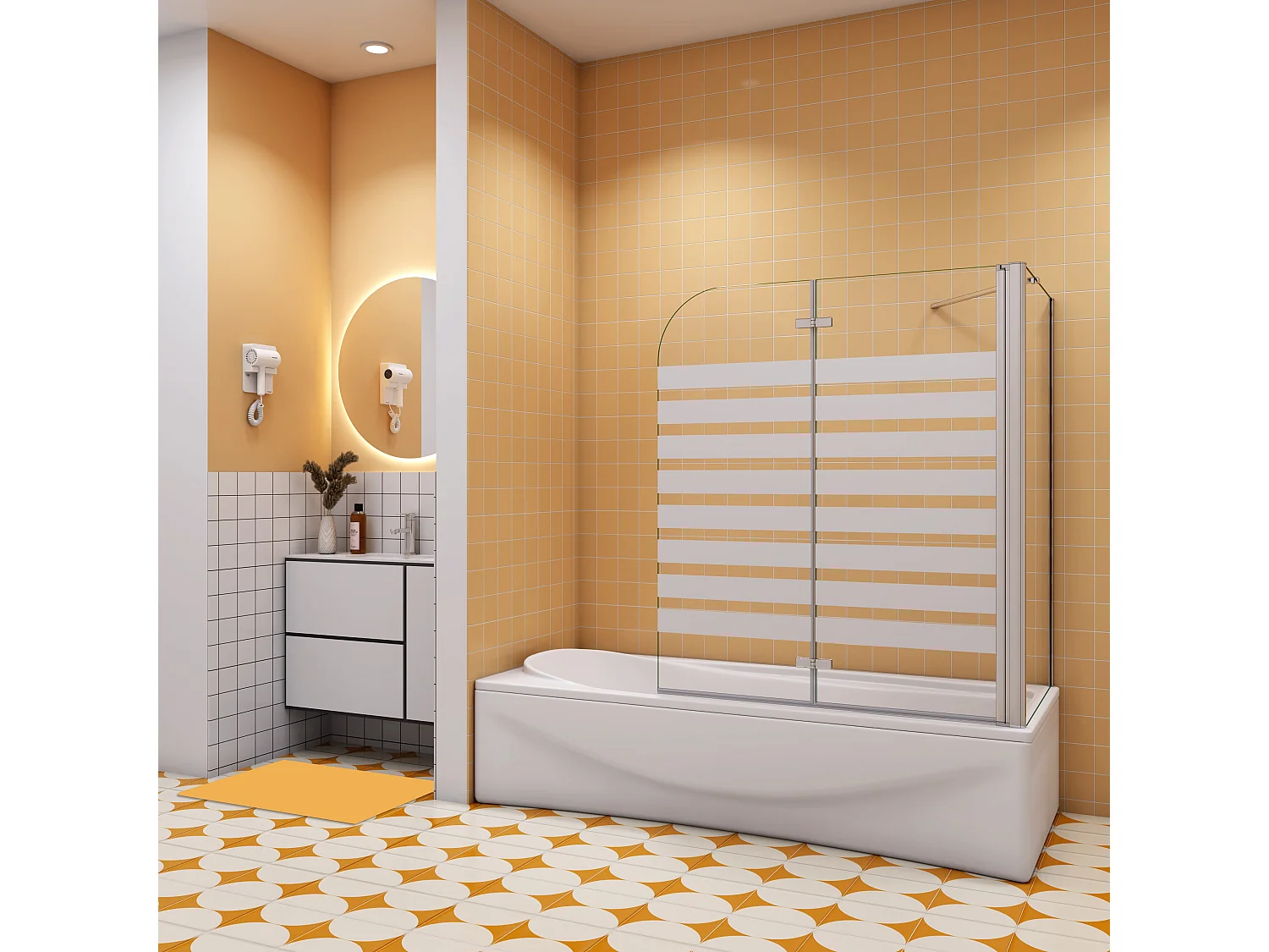 120x70x140cm Badwand 2 panelen vouwbaar met vast zijwand,6 mm nano helder veiligheidsglas met horizontale strepen - glanzend chroom - rechterkant installeren