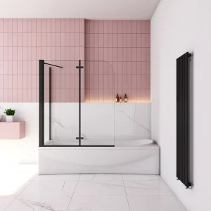 Badwand met 2 delig inklapbaar deur 90×140 cm en een zijwand 70cm ,6 mm helder EasyClean veiligheidsglas，mat zwarte profiel