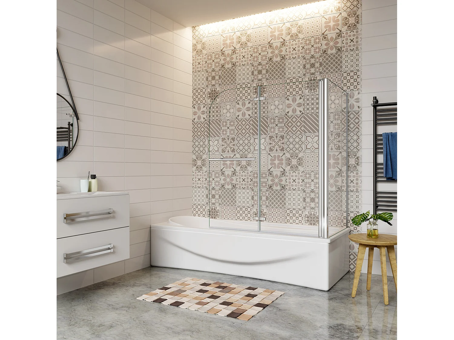 120x70x140cm Badwand vouwbaar met vast zijwand,6 mm nano helder veiligheidsglas,verchroomd handdoekstang - glanzend chroom