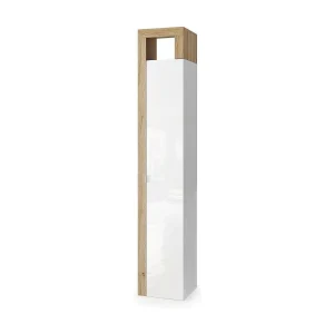 Badkamerkolom, 1 deur, 5 planken, collectie BURA. Kleur glanzend wit gelakt en licht eiken Badkamerkolom, 1 deur, 5 planken, collectie BURA. Kleur glanzend wit gelakt en licht eiken