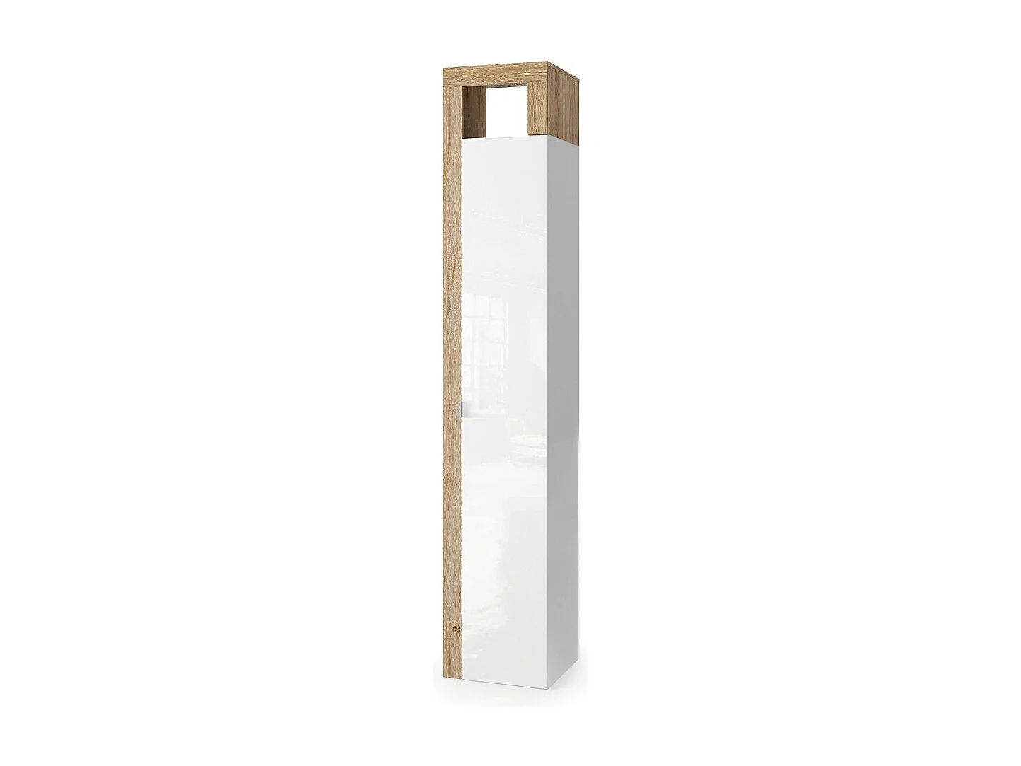 Badkamerkolom, 1 deur, 5 planken, collectie BURA. Kleur glanzend wit gelakt en licht eiken