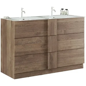 Badkamermeubel met twee wastafels en 3 laden, collectie FRASSI. Kleur licht eiken Badkamermeubel met twee wastafels en 3 laden, collectie FRASSI. Kleur licht eiken