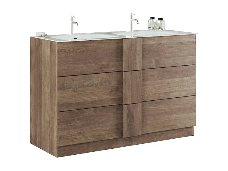 Badkamermeubel met twee wastafels en 3 laden, collectie FRASSI. Kleur licht eiken