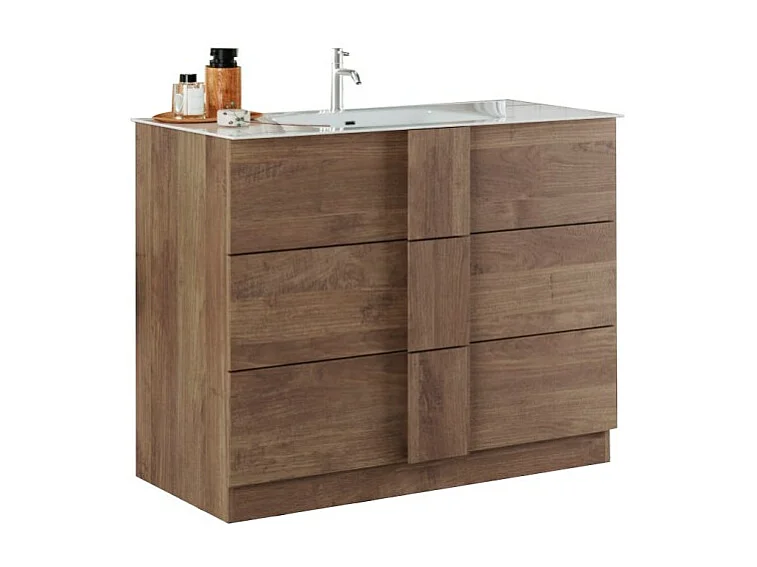 Badkamermeubel met 1 wastafel en 3 laden, lengte 101cm, collectie FRASSI. Kleur licht eiken