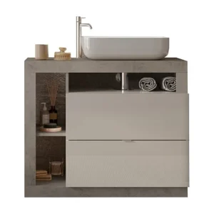Badkamermeubel met een wastafel en 2 lades, lengte 92cm, collectie BURA. Kleur glanzend wit en beton Badkamermeubel met een wastafel en 2 lades, lengte 92cm, collectie BURA. Kleur glanzend wit en beton