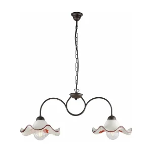 Lustre Anémone fer noir, déco rouille, diffuseurs céramique d.30 blanc/marron, 2 lumières, format 81×30 cm, style rustique