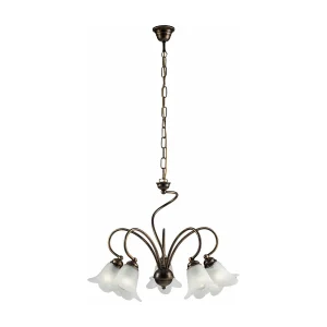 Lustre Alice fer marron, déco or antique, verre albâtre d.14, 5 lumières d.57 cm, design rétro élégant