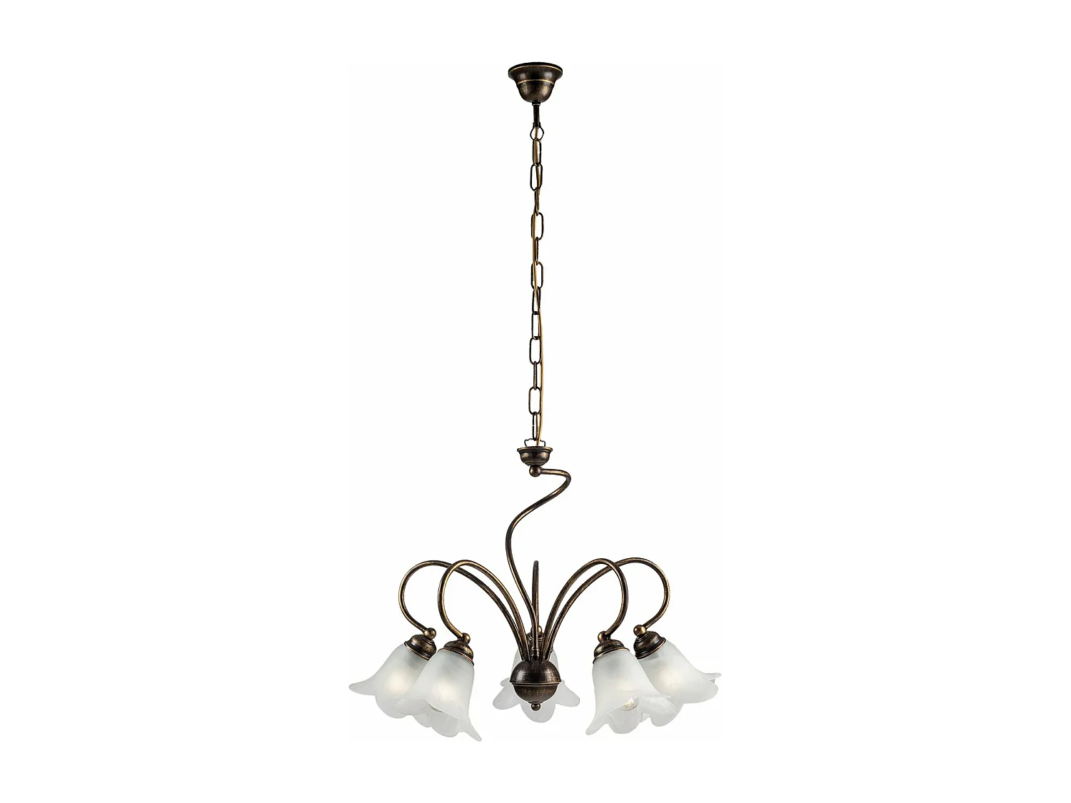 Lustre Alice fer marron, déco or antique, verre albâtre d.14, 5 lumières d.57 cm, design rétro élégant