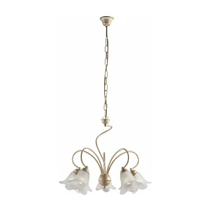 Lustre Alice ivoire, déco or antique, verre albâtre d.14, 5 lumières d.57 cm, parfait pour salon classique