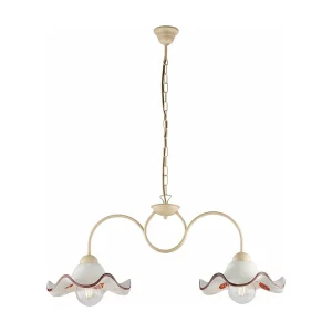 Lustre Anémone fer ivoire, effet décapé, diffuseurs céramique d.30 blanc/marron, 2 lumières, déco champêtre chaleureuse