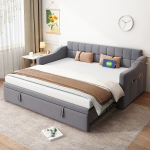 2-in-1 gestoffeerd uitschuifbed – 90/180 x 190 cm – slaapbank met stopcontact en opbergruimte – fluwelen stof – grijs