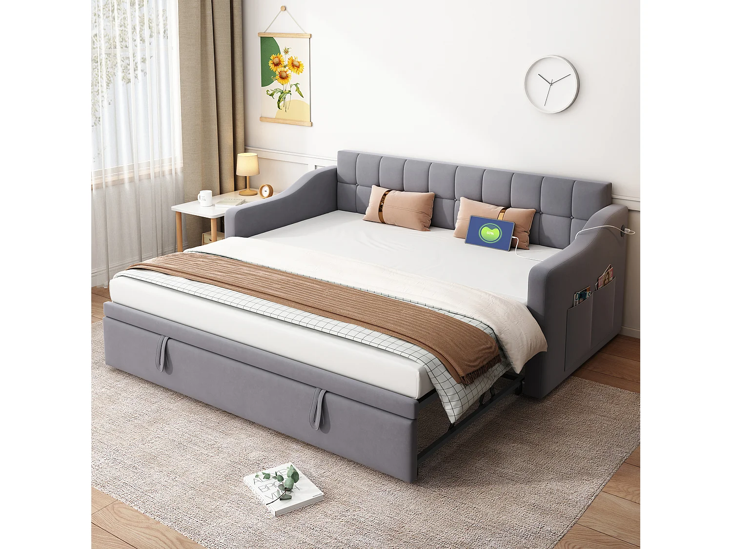 2-in-1 gestoffeerd uitschuifbed - 90/180 x 190 cm - slaapbank met stopcontact en opbergruimte - fluwelen stof - grijs