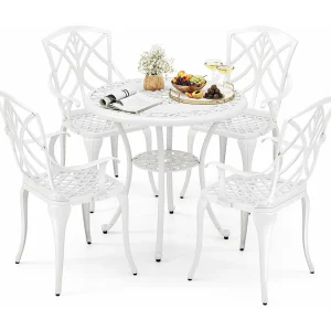 5-delige tuinmeubelset, terrasmeubels incl. 4 stoelen, 1 tafel met paraplugat, tuinmeubelen voor 4 personen, zitgroep voor tuin, terras, wit ZB34579 5-delige tuinmeubelset, terrasmeubels incl. 4 stoelen, 1 tafel met paraplugat, tuinmeubelen voor 4 personen, zitgroep voor tuin, terras, wit ZB34579