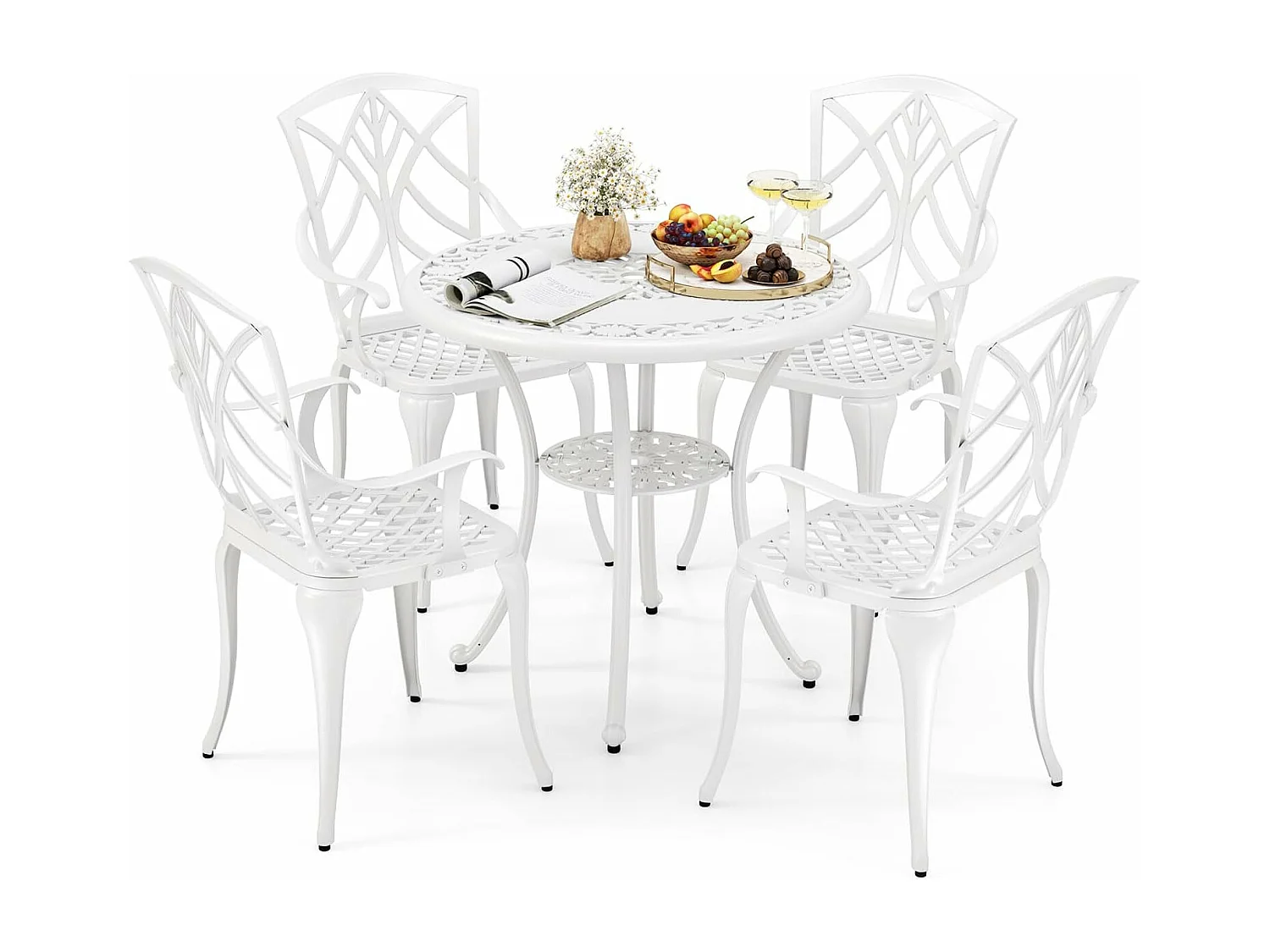 5-delige tuinmeubelset, terrasmeubels incl. 4 stoelen, 1 tafel met paraplugat, tuinmeubelen voor 4 personen, zitgroep voor tuin, terras, wit ZB34579