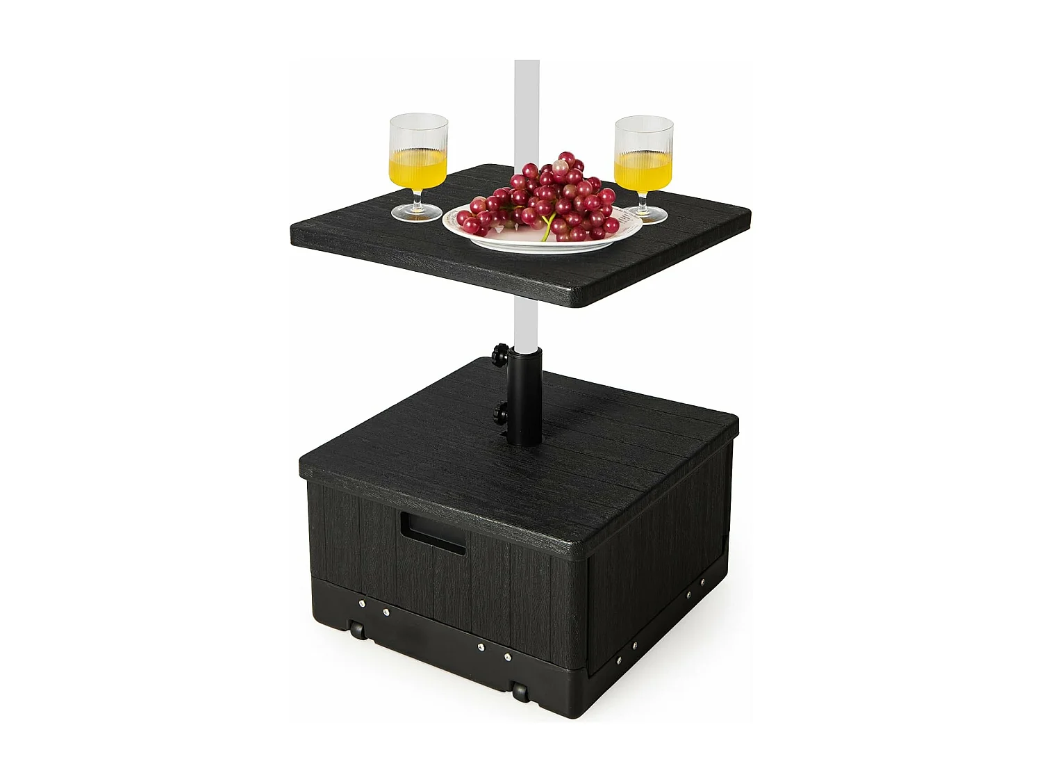 3-in-1 parasolstandaard, bijzettafel/plantenbak met tafelblad, wielen, handvat en verzwaarde tas, 45 liter/67 kg, vulbaar met water of zand, voor tuin, terras