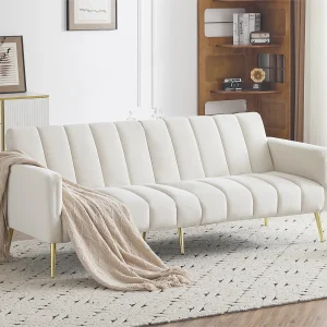 3-zits slaapbank in fluwelen stof – Beige 3-zits slaapbank in fluwelen stof – Beige