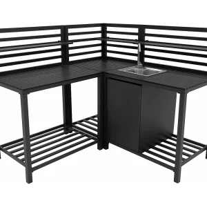 3-delige Buitenkeuken Set met Spoelbak, Modulaire Hoekelement, Aluminium, Grijs 3-delige Buitenkeuken Set met Spoelbak, Modulaire Hoekelement, Aluminium, Grijs