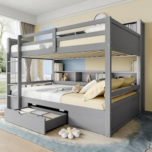 Stapelbed met lade en boekenkasten – 90 x 200 cm – grenenhout en MDF – inclusief lattenbodem – grijs