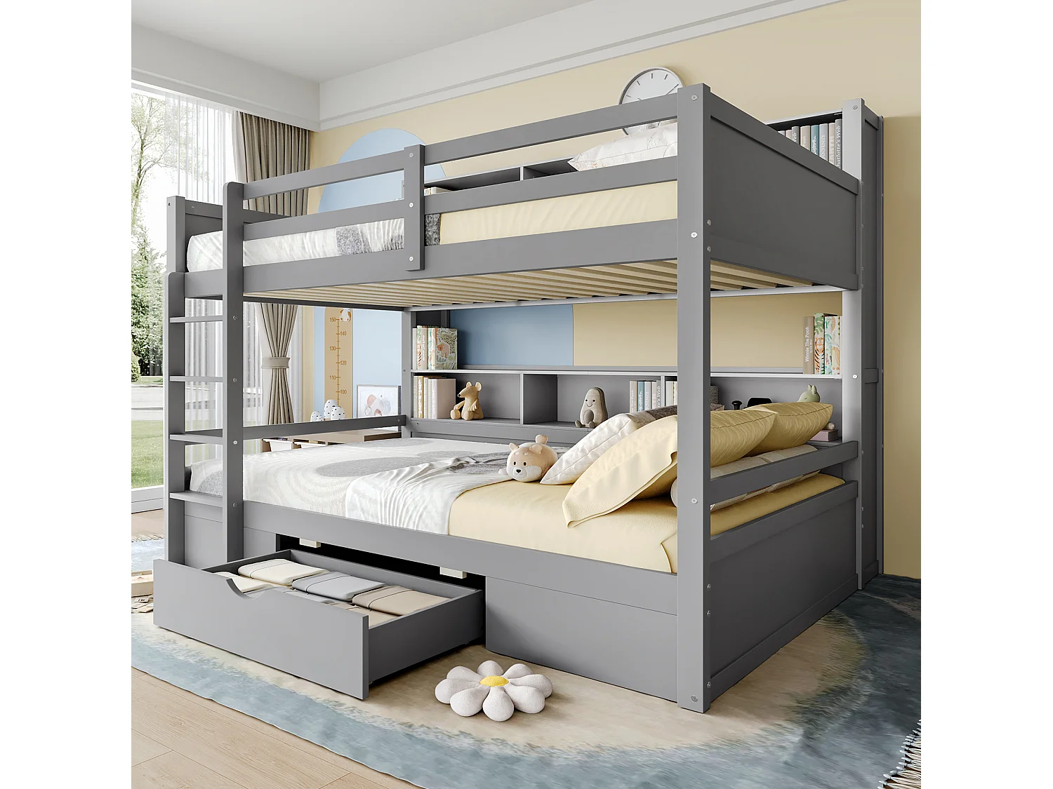 Stapelbed met lade en boekenkasten – 90 x 200 cm – grenenhout en MDF – inclusief lattenbodem – grijs