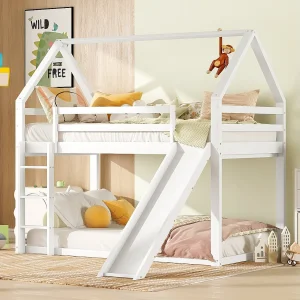Stapelbed – 2 x 90 x 200 cm – ladder en glijbaan – lattenbodem – wit