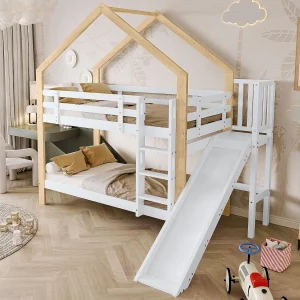 Stapelbed – 2 x 90 x 200 cm – ladder, glijbaan en lattenbodem – naturel en wit