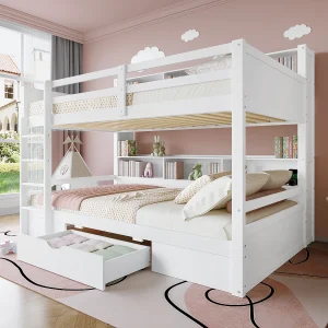 Stapelbed met lade en boekenkasten – 90 x 200 cm – grenenhout en MDF – inclusief lattenbodem – wit