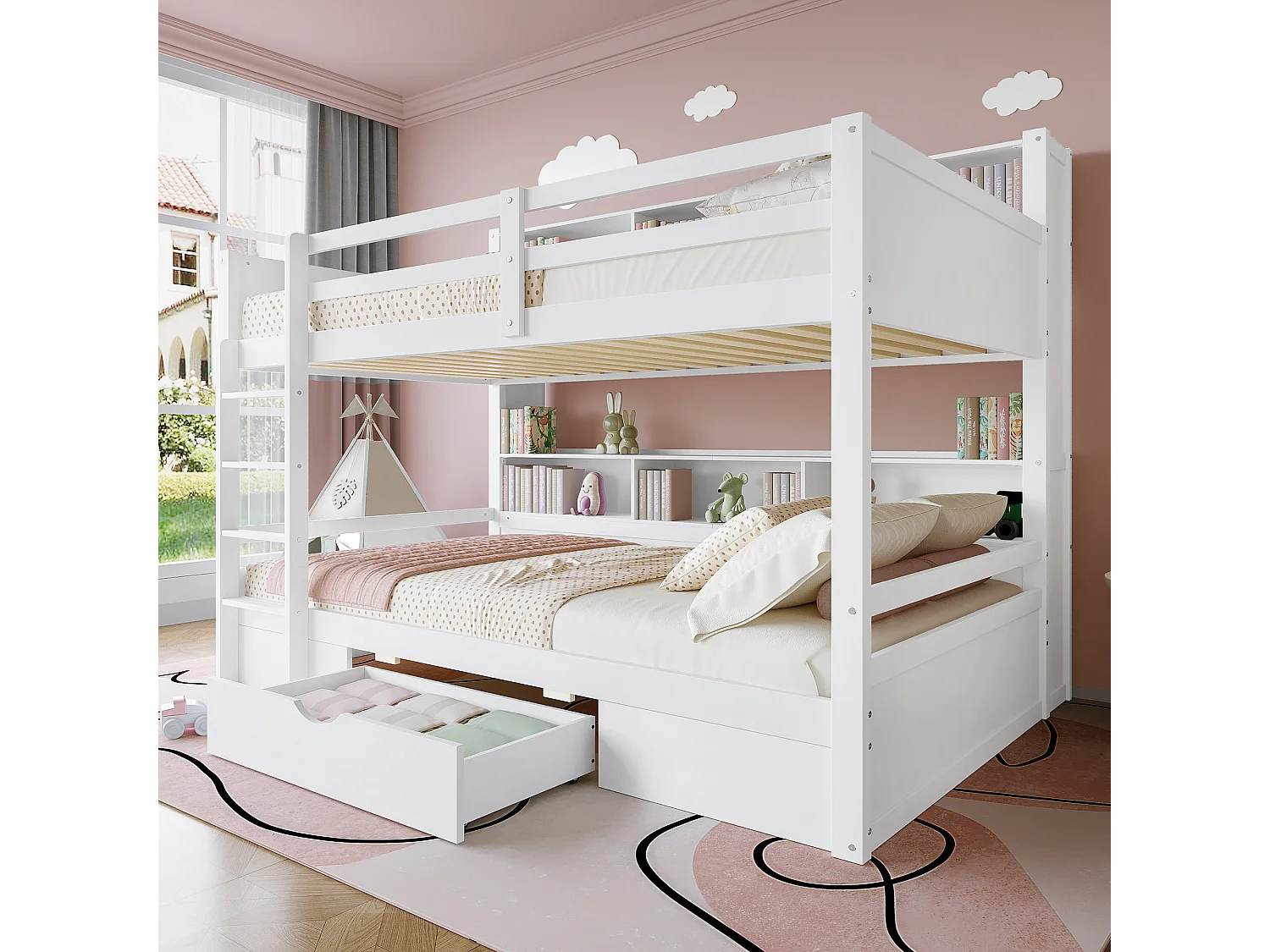 Stapelbed met lade en boekenkasten – 90 x 200 cm – grenenhout en MDF – inclusief lattenbodem – wit