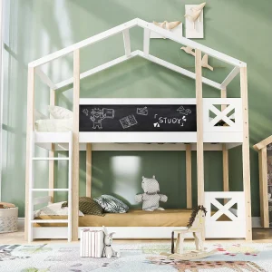 Stapelbed – 2 x 90 x 200 cm – grenen en MDF – ladder, spijlen en lattenbodem – naturel en wit