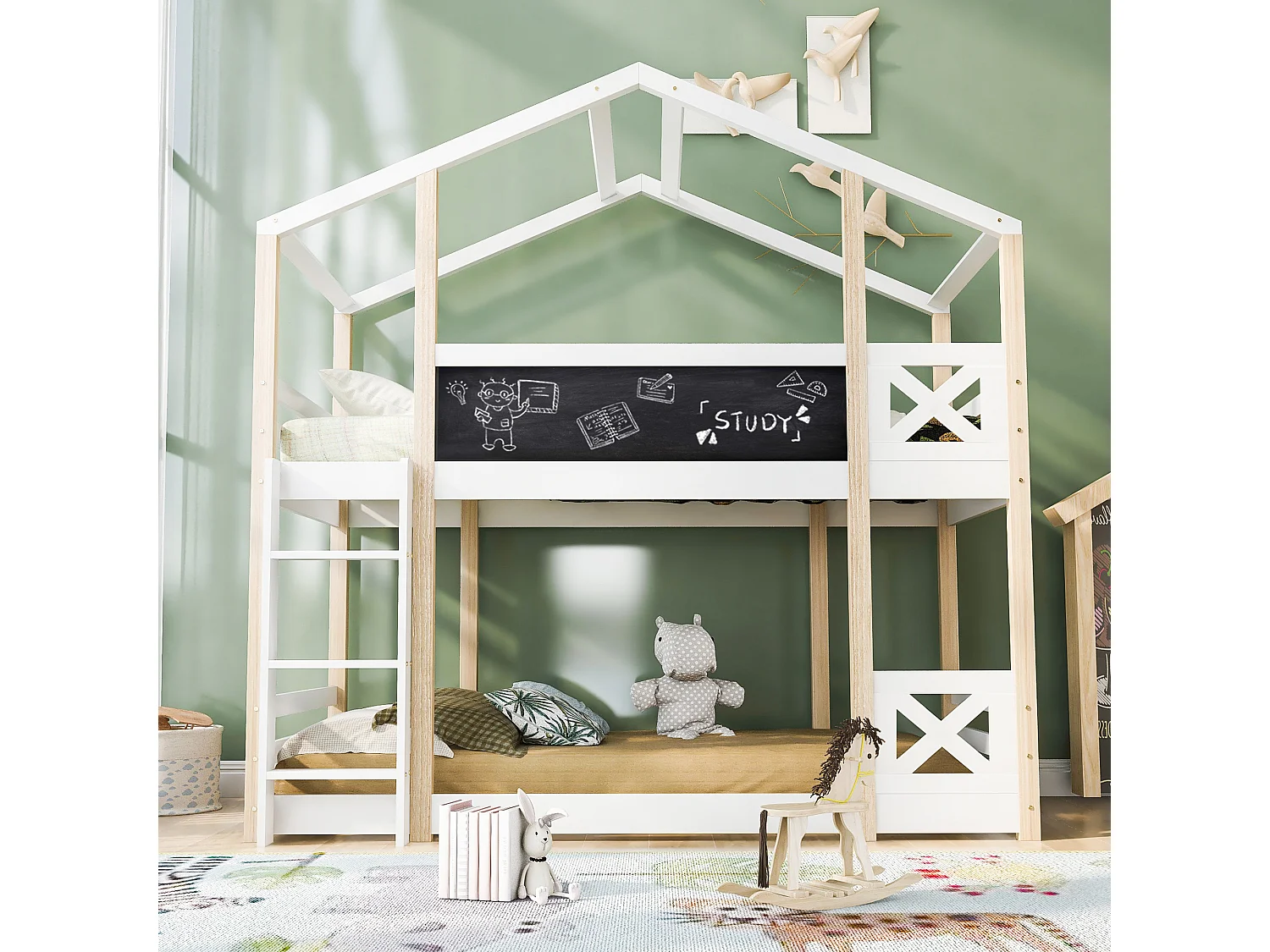 Stapelbed – 2 x 90 x 200 cm – grenen en MDF – ladder, spijlen en lattenbodem – naturel en wit